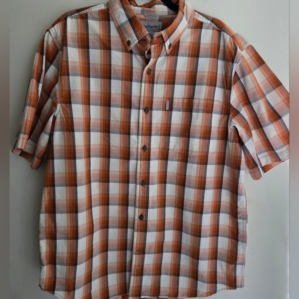 Carhartt Men's Orange Plaid Button-Up Shirt Relaxed‎ Fit Short Sleeve Sz L